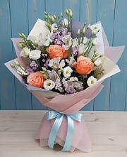 Букет цветов из:  Лизиантусы, Розы, Альстромерии и Гипсофила в Ильинском Раменский район