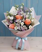 Букет цветов из:  Лизиантусы, Розы, Альстромерии и Гипсофила в Ильинском Раменский район