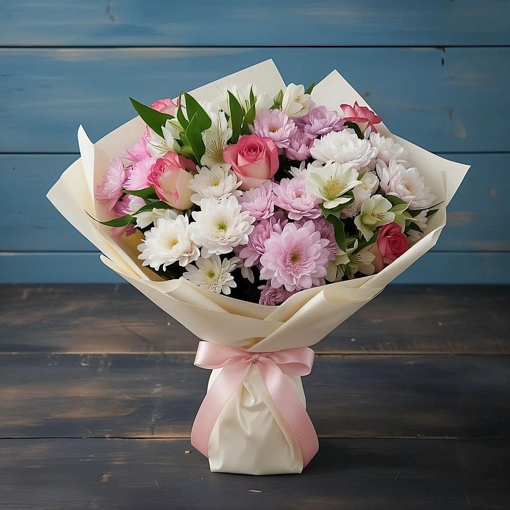 Букет цветов из: Хризантемы, Альстромерии и Розы в Ильинском Раменский район